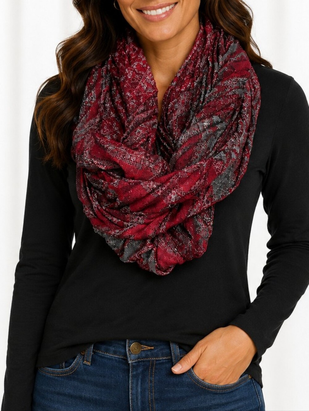 👚 Burgundy Gray Infinity Scarf Lightweight Textured Loop Neck Wrap Boho Soft